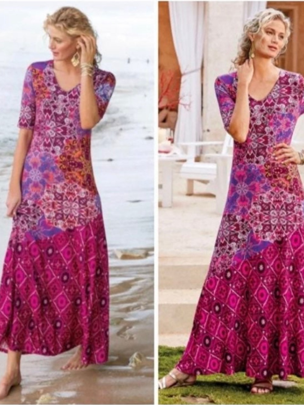 NWOT Soft Surroundings Maxi Dress Short Sleeve Pink Red Boho Print V-Neck Size M